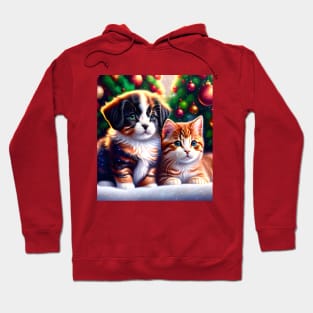 Cute puppy and cat under Christmas tree Hoodie